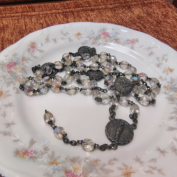 Vintage Italy Silver Tone Aurora Borealis Faceted Crystal Bead Rosary Our Lady - Picture 4 of 6